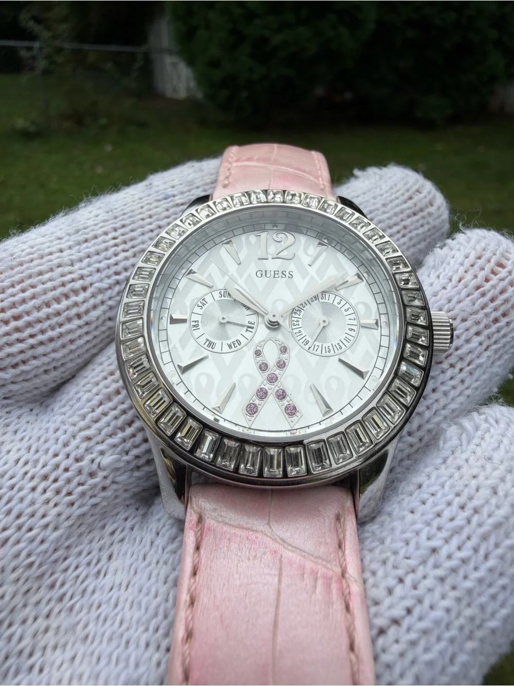 Guess Breast Cancer Awareness Watch U11542L1 Pink Ribbon Crystal Bezel Leather